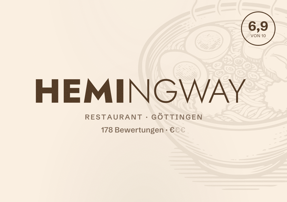 Illustriertes Poster von Hemingway, Restaurant in Göttingen: Bewertung 6,9 von 10 aus 178 Bewertungen, Preisniveau €