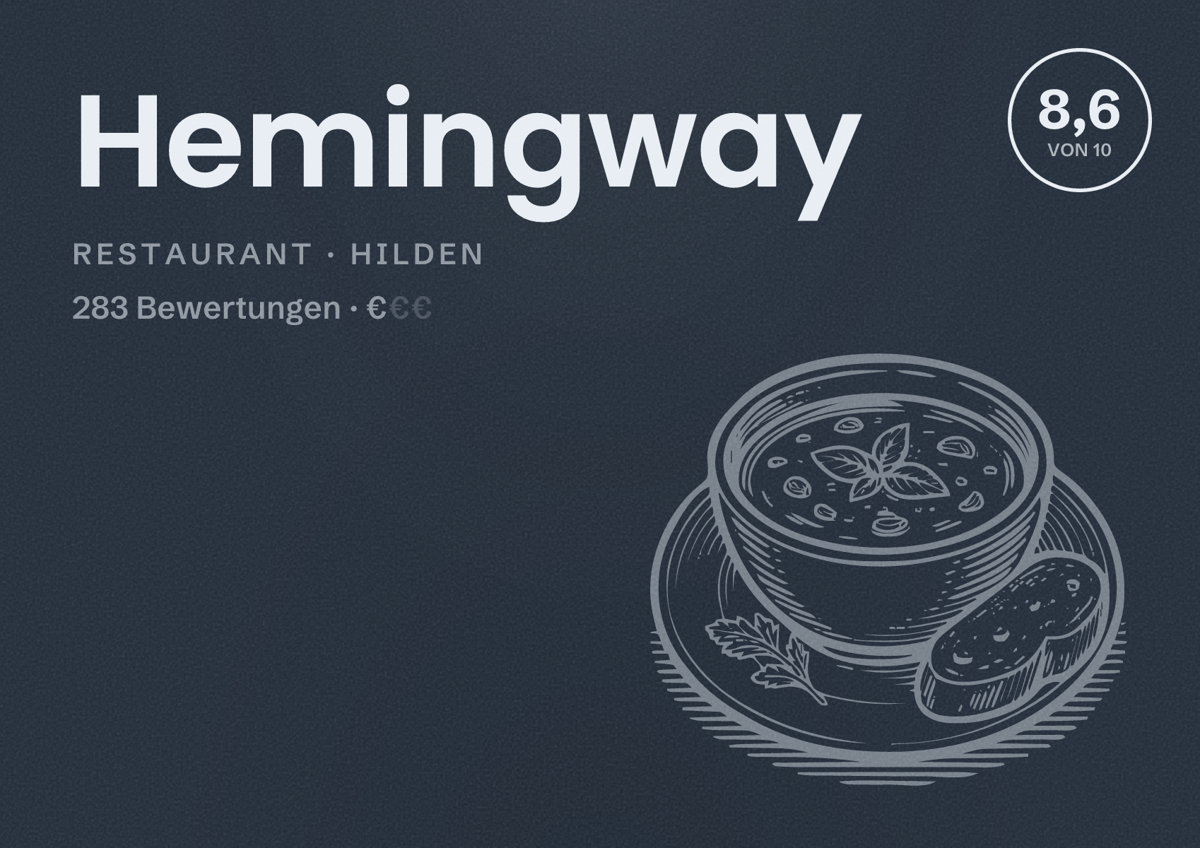 Illustriertes Poster von Hemingway, Restaurant in Hilden: Bewertung 8,6 von 10 aus 283 Bewertungen, Preisniveau €