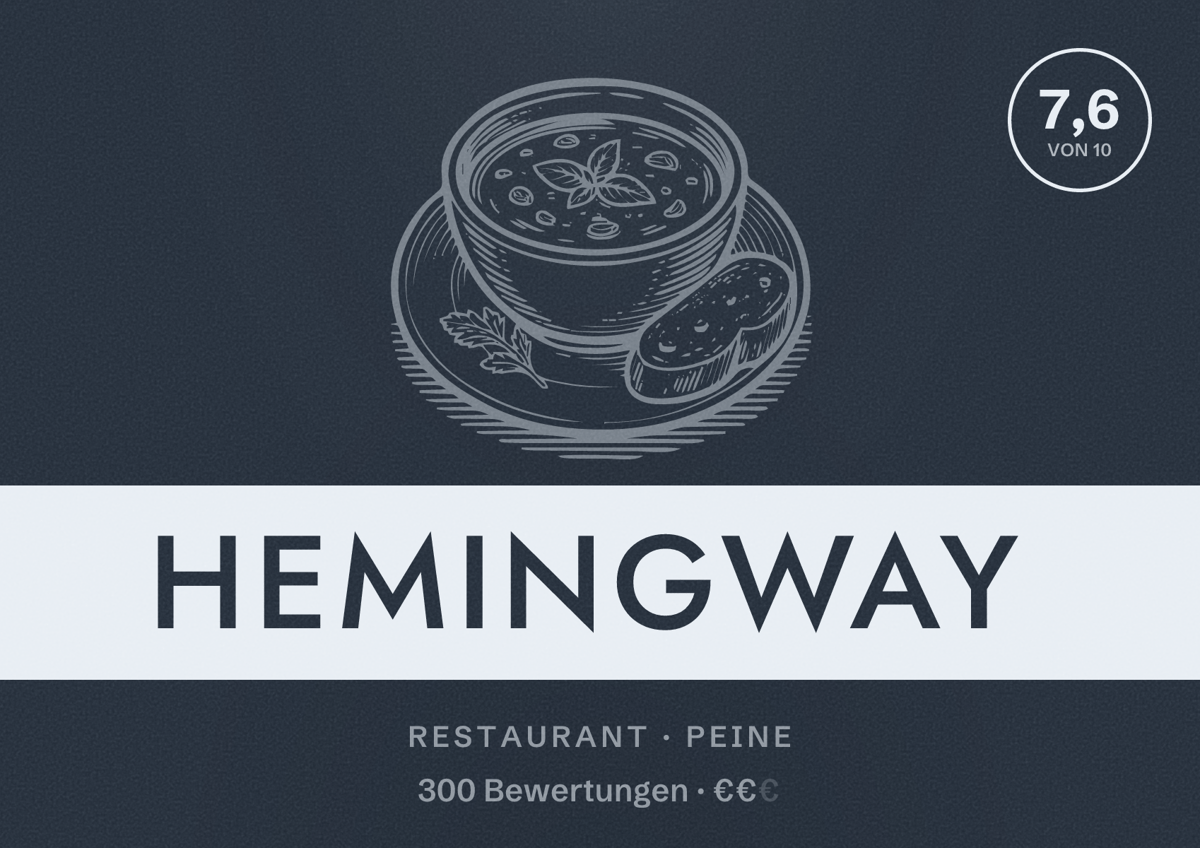 Illustriertes Poster von Hemingway, Restaurant in Peine: Bewertung 7,6 von 10 aus 300 Bewertungen, Preisniveau €€