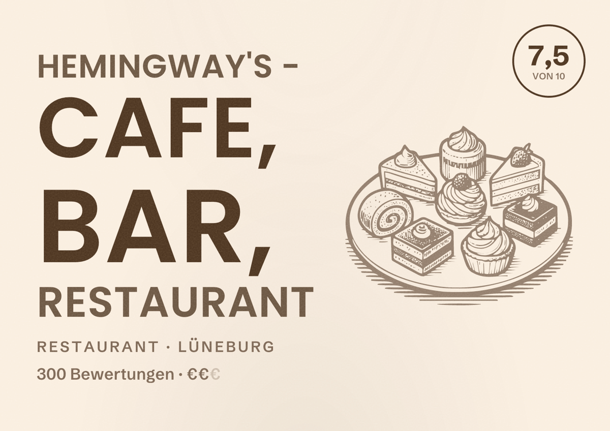 Illustriertes Poster von Hemingway's - Cafe, bar, restaurant, Restaurant in Lüneburg: Bewertung 7,5 von 10 aus 300 Bewertungen, Preisniveau €€