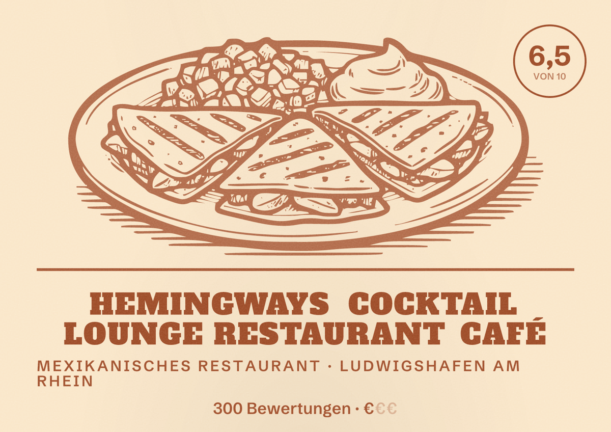 Illustriertes Poster von Hemingways Cocktail Lounge Restaurant Café, Mexikanisches Restaurant in Ludwigshafen am Rhein: Bewertung 6,5 von 10 aus 300 Bewertungen, Preisniveau €