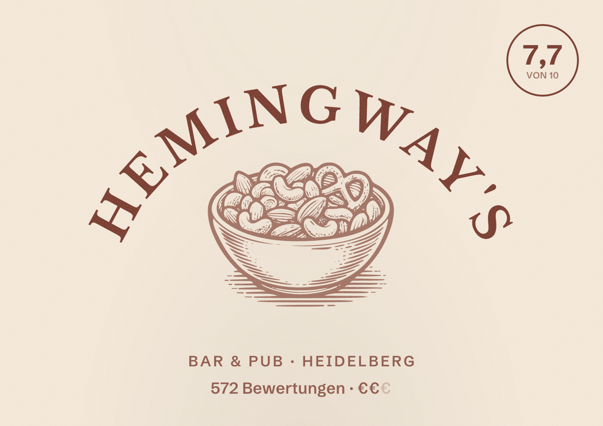 Illustriertes Poster von Hemingway's, Bar & Pub in Heidelberg: Bewertung 7,7 von 10 aus 572 Bewertungen, Preisniveau €€