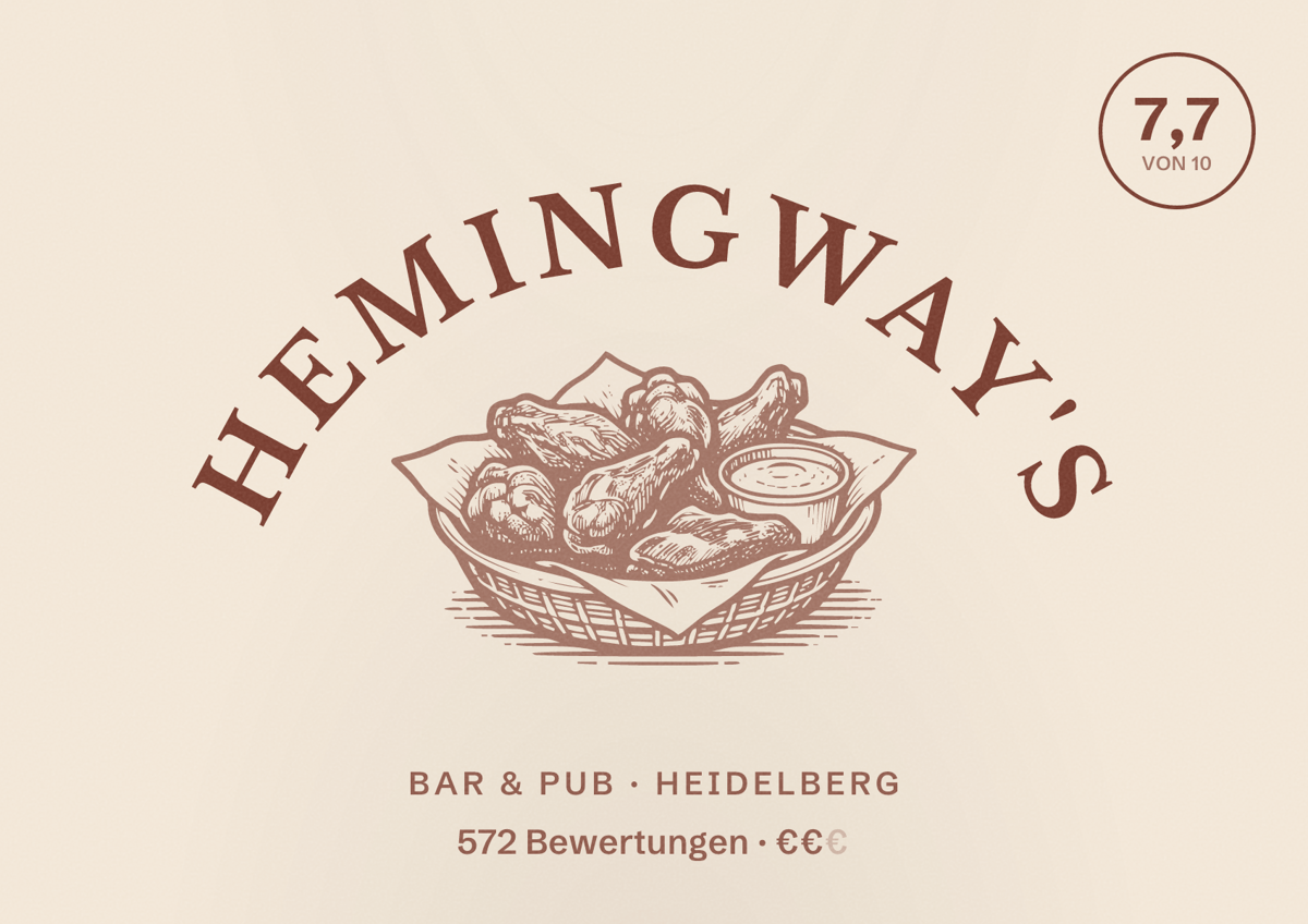 Illustriertes Poster von Hemingway's, Bar & Pub in Heidelberg: Bewertung 7,7 von 10 aus 572 Bewertungen, Preisniveau €€