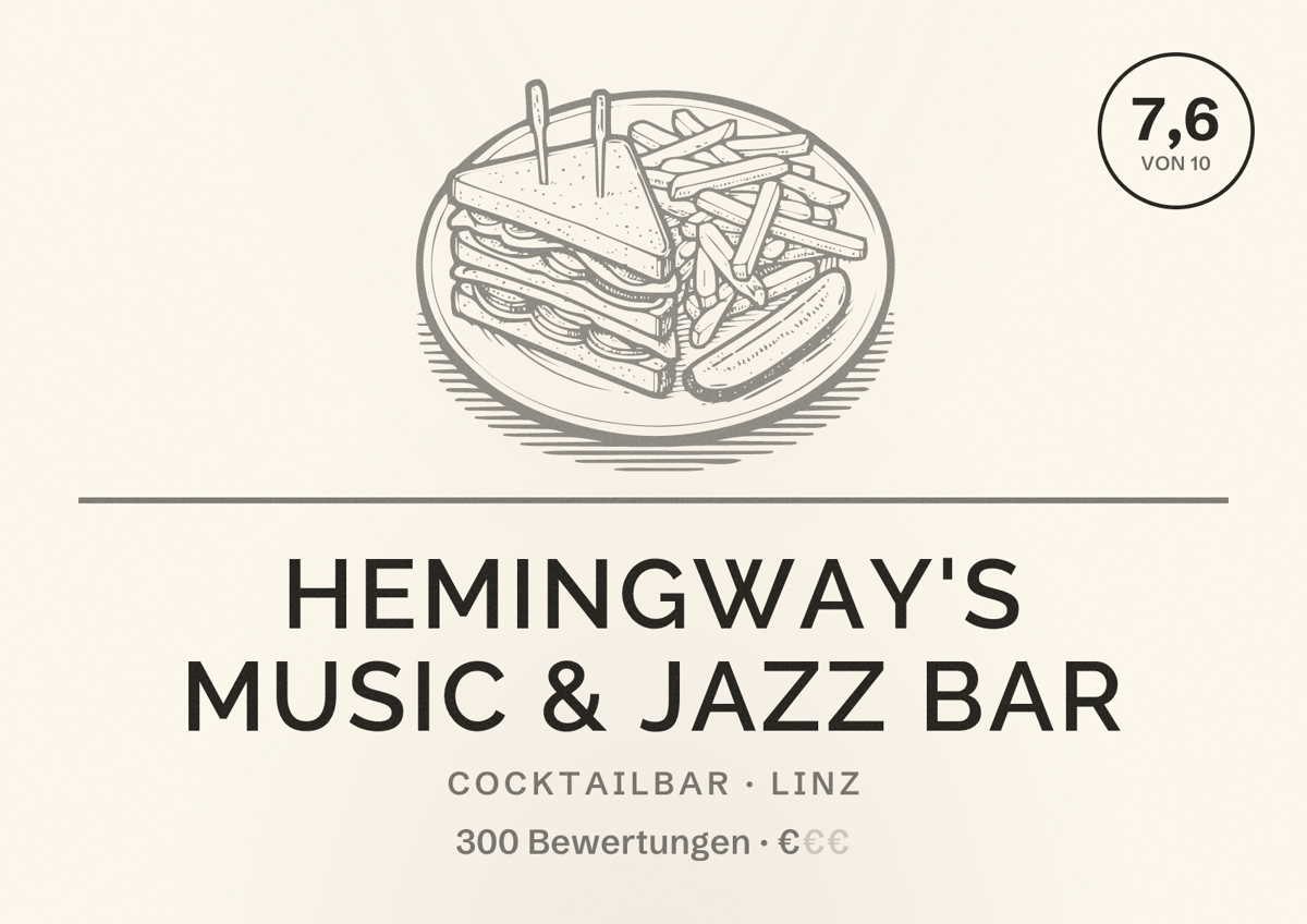 Illustriertes Poster von HEMINGWAY'S MUSIC & JAZZ BAR, Cocktailbar in Linz: Bewertung 7,6 von 10 aus 300 Bewertungen, Preisniveau €