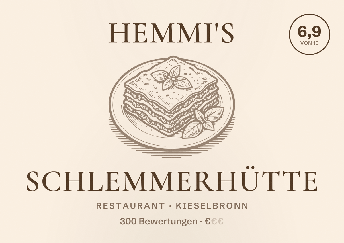 Illustriertes Poster von Hemmi's Schlemmerhütte, Restaurant in Kieselbronn: Bewertung 6,9 von 10 aus 300 Bewertungen, Preisniveau €