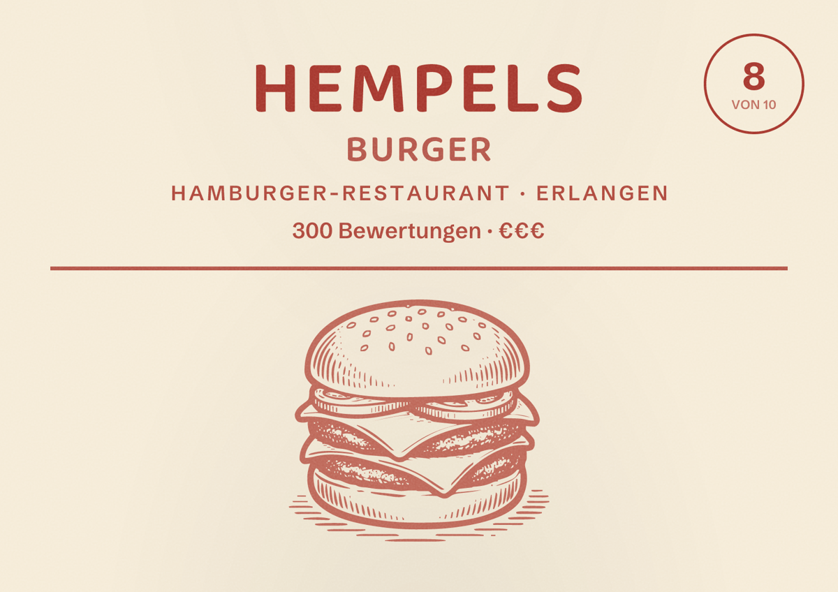 Illustriertes Poster von Hempels Burger, Hamburger-Restaurant in Erlangen: Bewertung 8 von 10 aus 300 Bewertungen, Preisniveau €€€