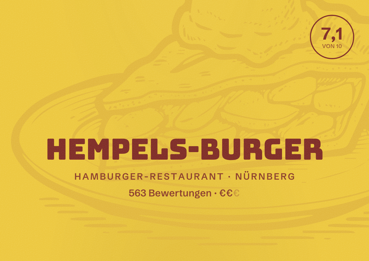 Illustriertes Poster von Hempels-Burger, Hamburger-Restaurant in Nürnberg: Bewertung 7,1 von 10 aus 563 Bewertungen, Preisniveau €€
