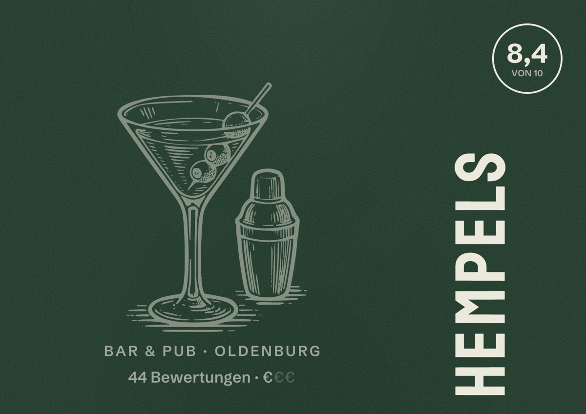 Illustriertes Poster von Hempels, Bar & Pub in Oldenburg: Bewertung 8,4 von 10 aus 44 Bewertungen, Preisniveau €