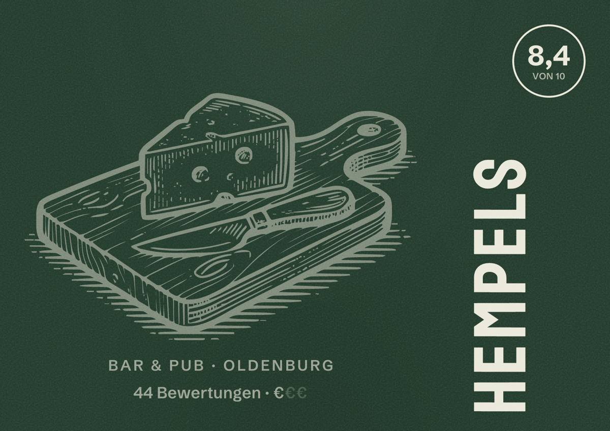 Illustriertes Poster von Hempels, Bar & Pub in Oldenburg: Bewertung 8,4 von 10 aus 44 Bewertungen, Preisniveau €