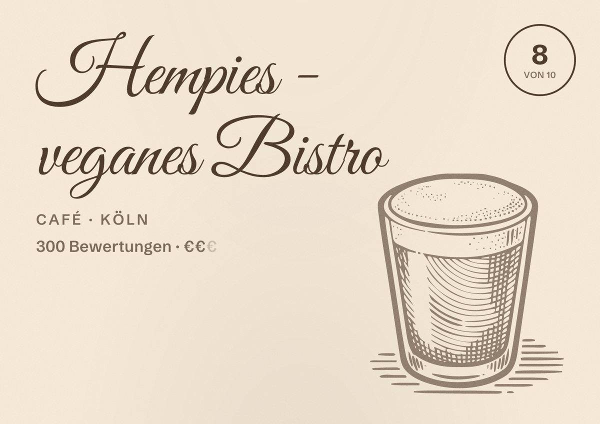 Illustriertes Poster von Hempies - veganes Bistro, Café in Köln: Bewertung 8 von 10 aus 300 Bewertungen, Preisniveau €€