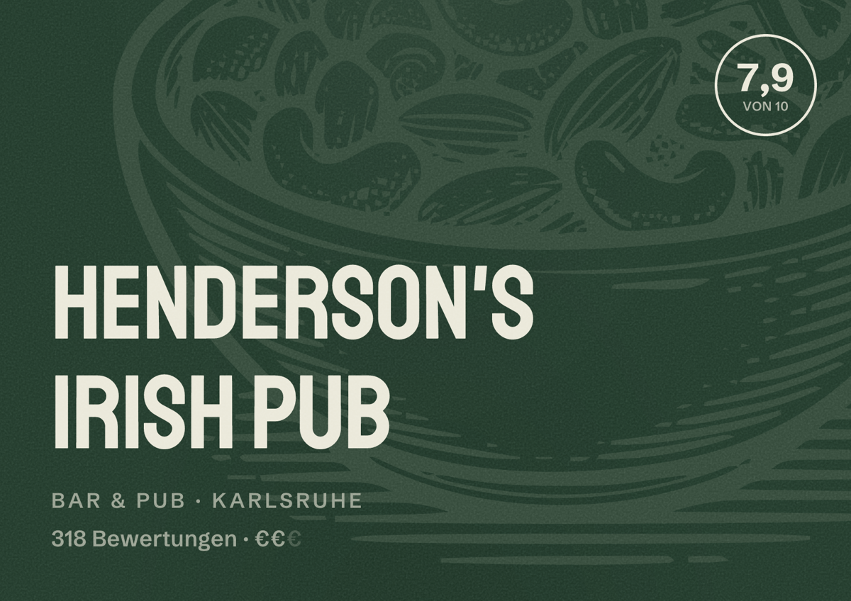 Illustriertes Poster von Henderson's Irish Pub, Bar & Pub in Karlsruhe: Bewertung 7,9 von 10 aus 318 Bewertungen, Preisniveau €€