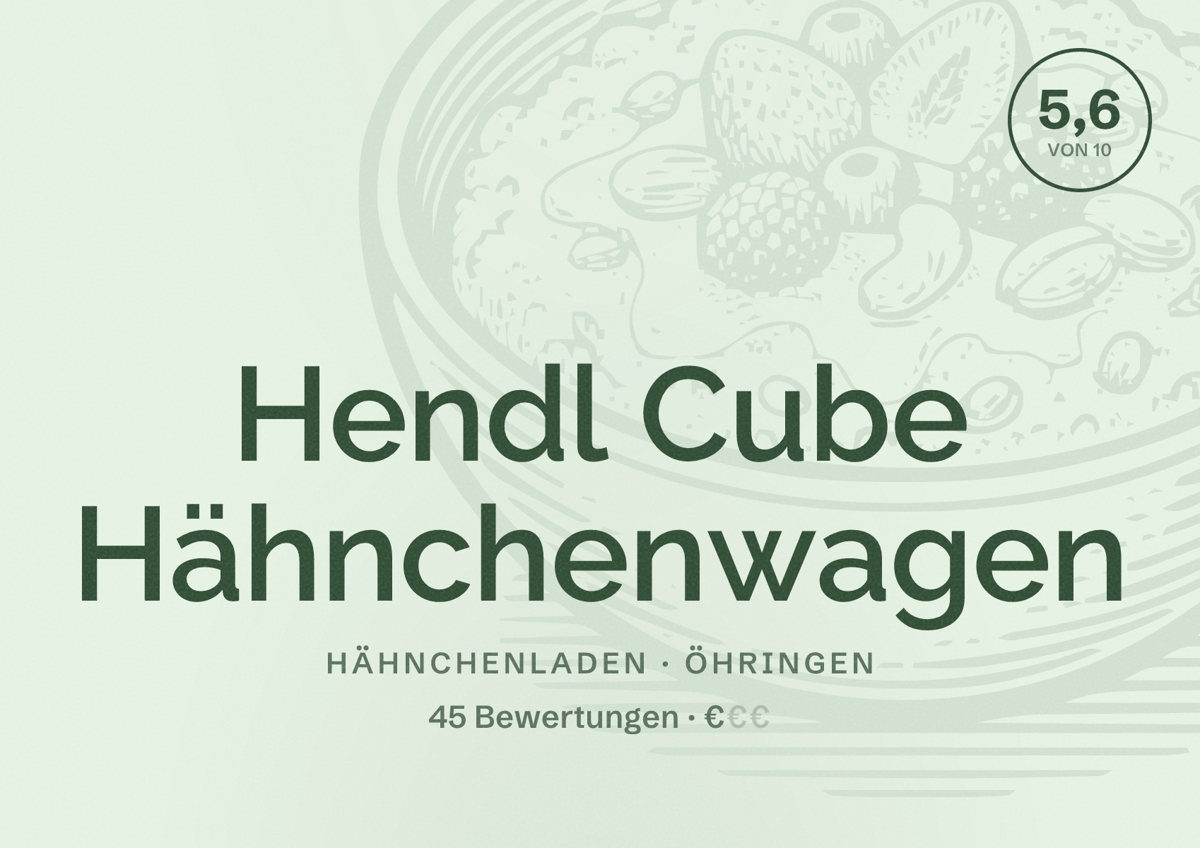 Illustriertes Poster von Hendl Cube Hähnchenwagen, Hähnchenladen in Öhringen: Bewertung 5,6 von 10 aus 45 Bewertungen, Preisniveau €