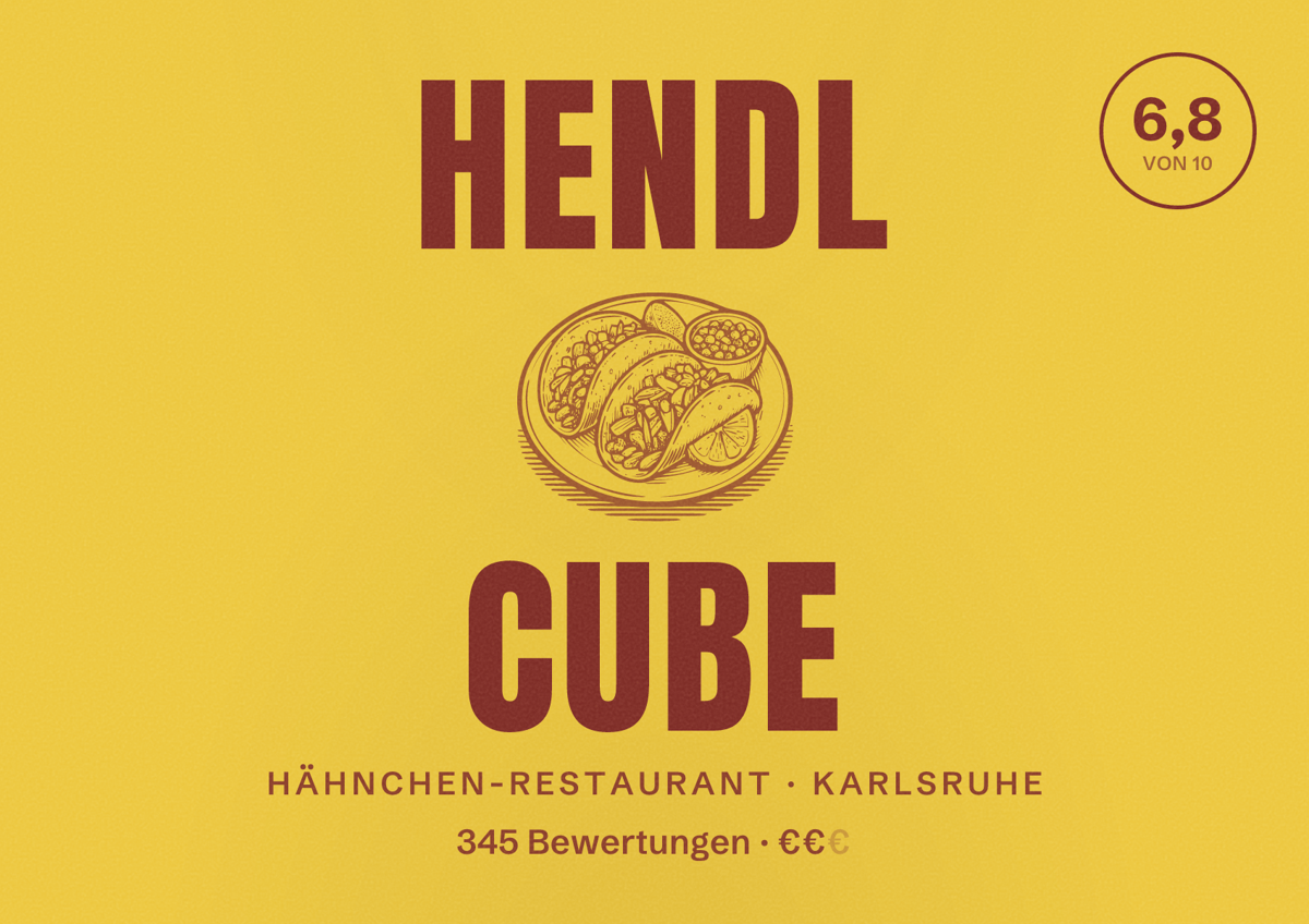 Illustriertes Poster von Hendl Cube, Hähnchen-Restaurant in Karlsruhe: Bewertung 6,8 von 10 aus 345 Bewertungen, Preisniveau €€