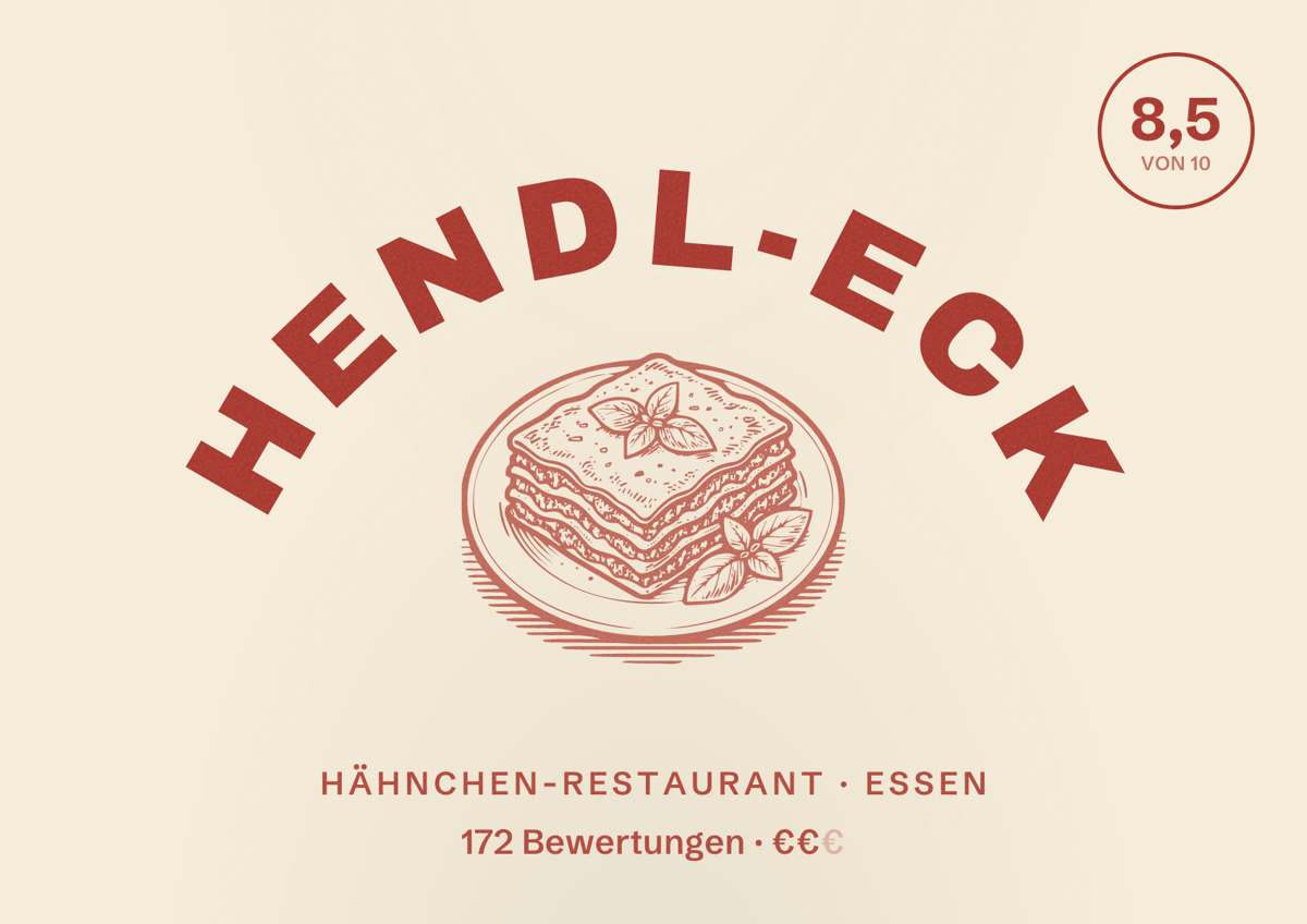 Illustriertes Poster von Hendl-Eck, Hähnchen-Restaurant in Essen: Bewertung 8,5 von 10 aus 172 Bewertungen, Preisniveau €€