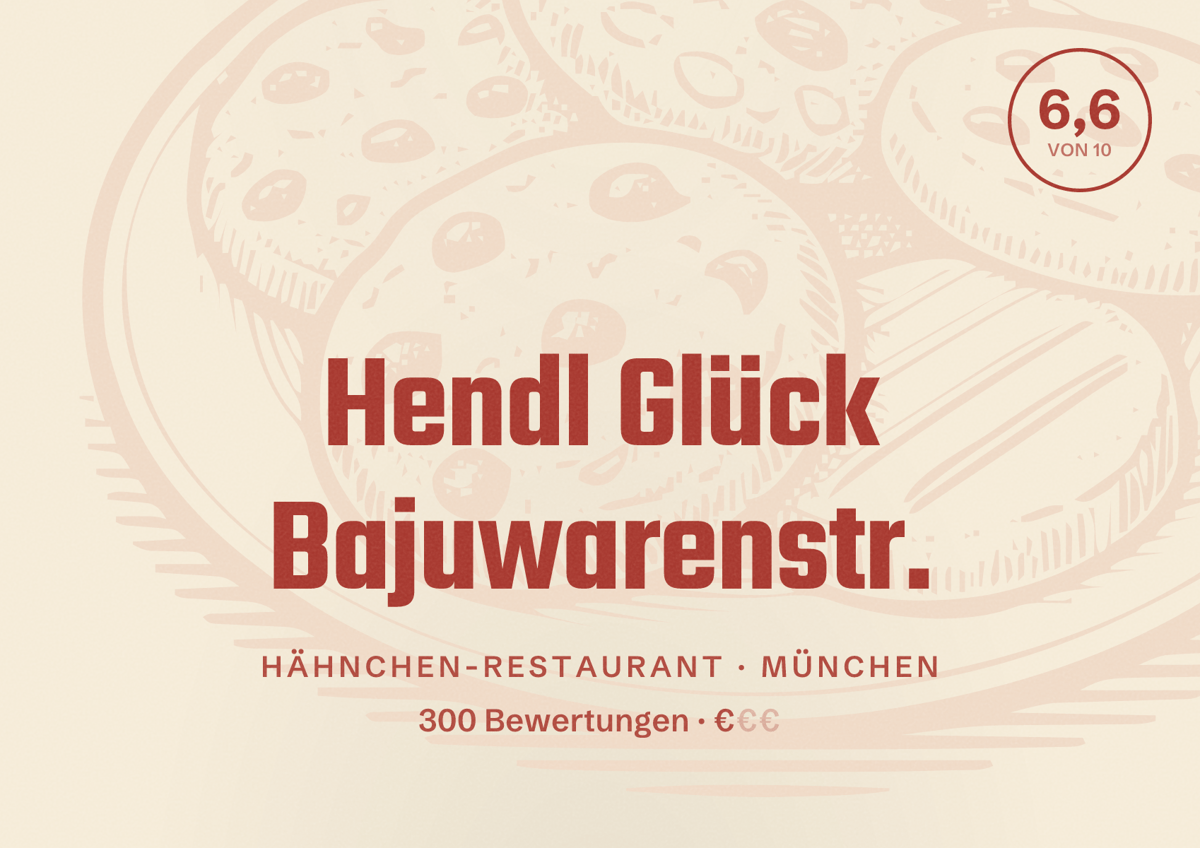 Illustriertes Poster von Hendl Glück Bajuwarenstr., Hähnchen-Restaurant in München: Bewertung 6,6 von 10 aus 300 Bewertungen, Preisniveau €