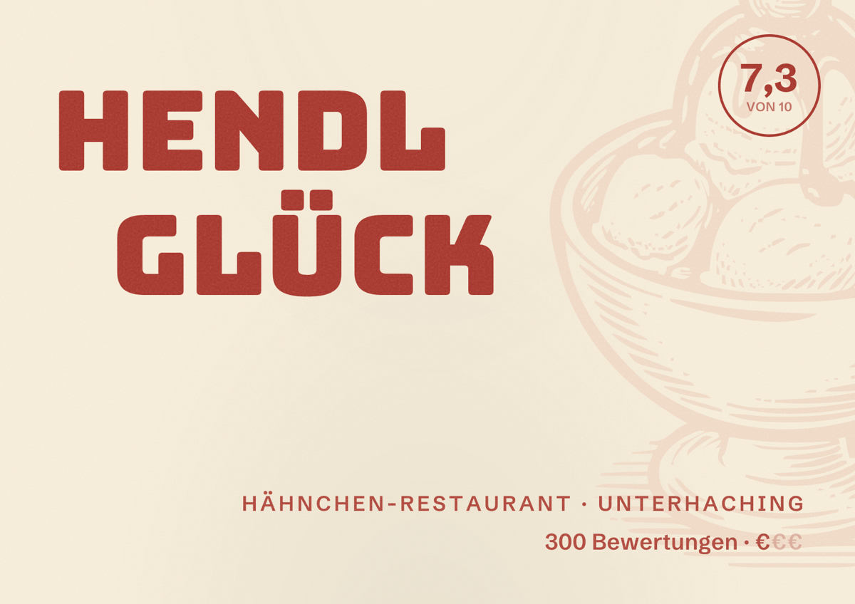 Illustriertes Poster von Hendl Glück, Hähnchen-Restaurant in Unterhaching: Bewertung 7,3 von 10 aus 300 Bewertungen, Preisniveau €