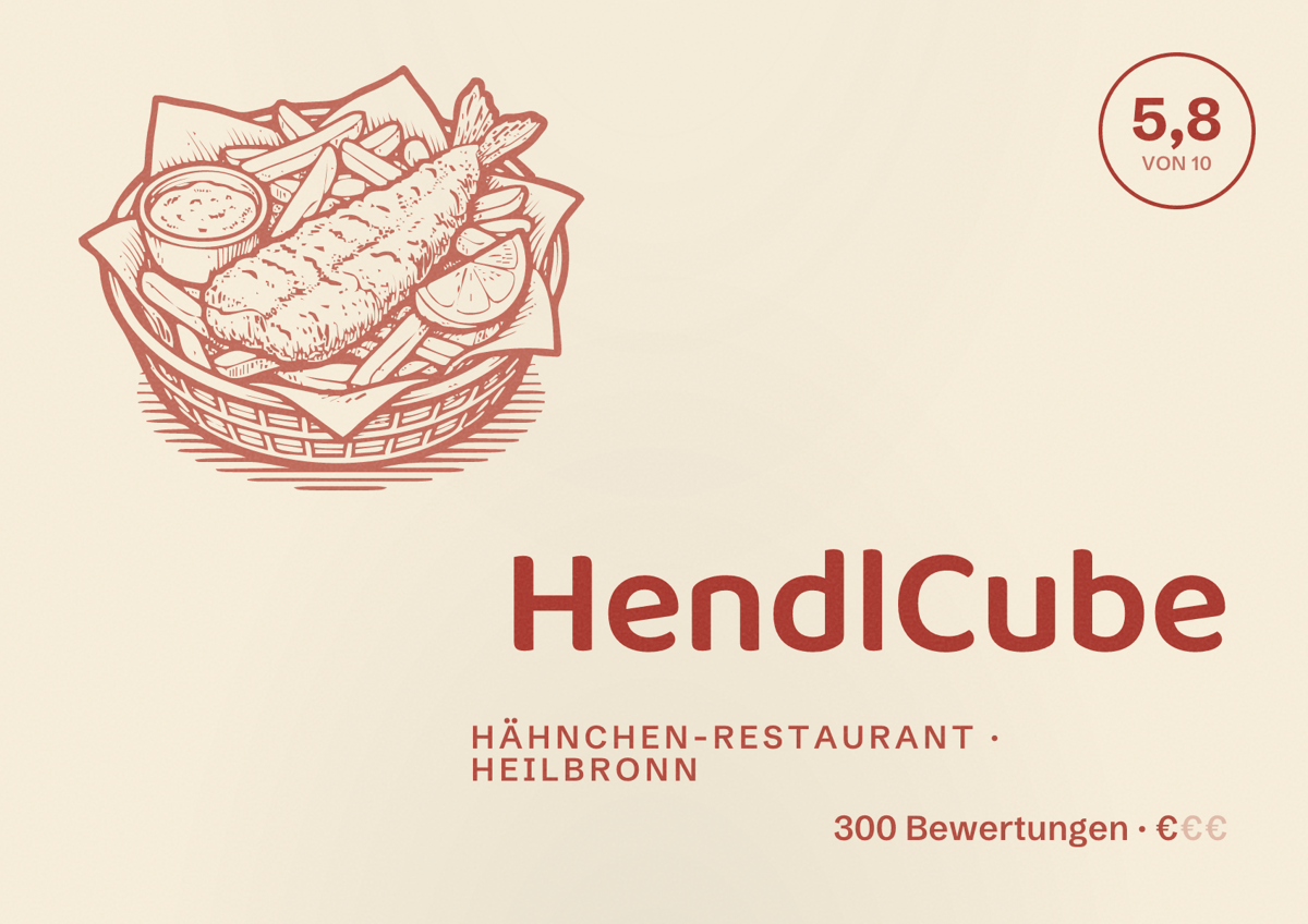 Illustriertes Poster von HendlCube, Hähnchen-Restaurant in Heilbronn: Bewertung 5,8 von 10 aus 300 Bewertungen, Preisniveau €