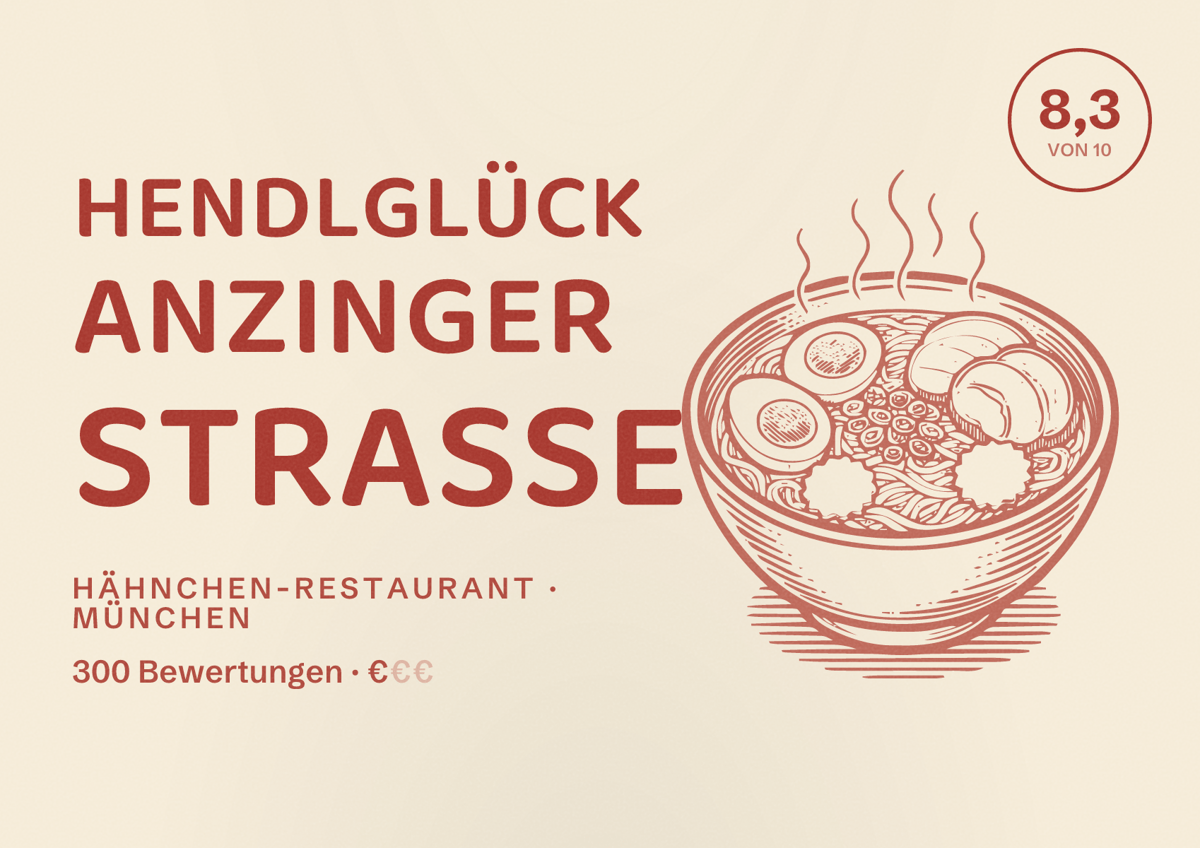 Illustriertes Poster von Hendlglück Anzinger Straße, Hähnchen-Restaurant in München: Bewertung 8,3 von 10 aus 300 Bewertungen, Preisniveau €