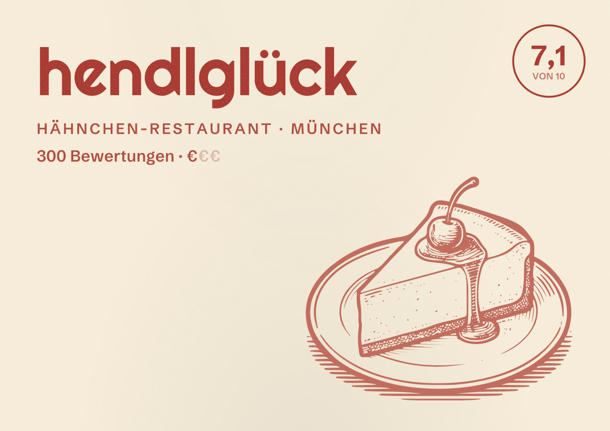 Illustriertes Poster von hendlglück, Hähnchen-Restaurant in München: Bewertung 7,1 von 10 aus 300 Bewertungen, Preisniveau €
