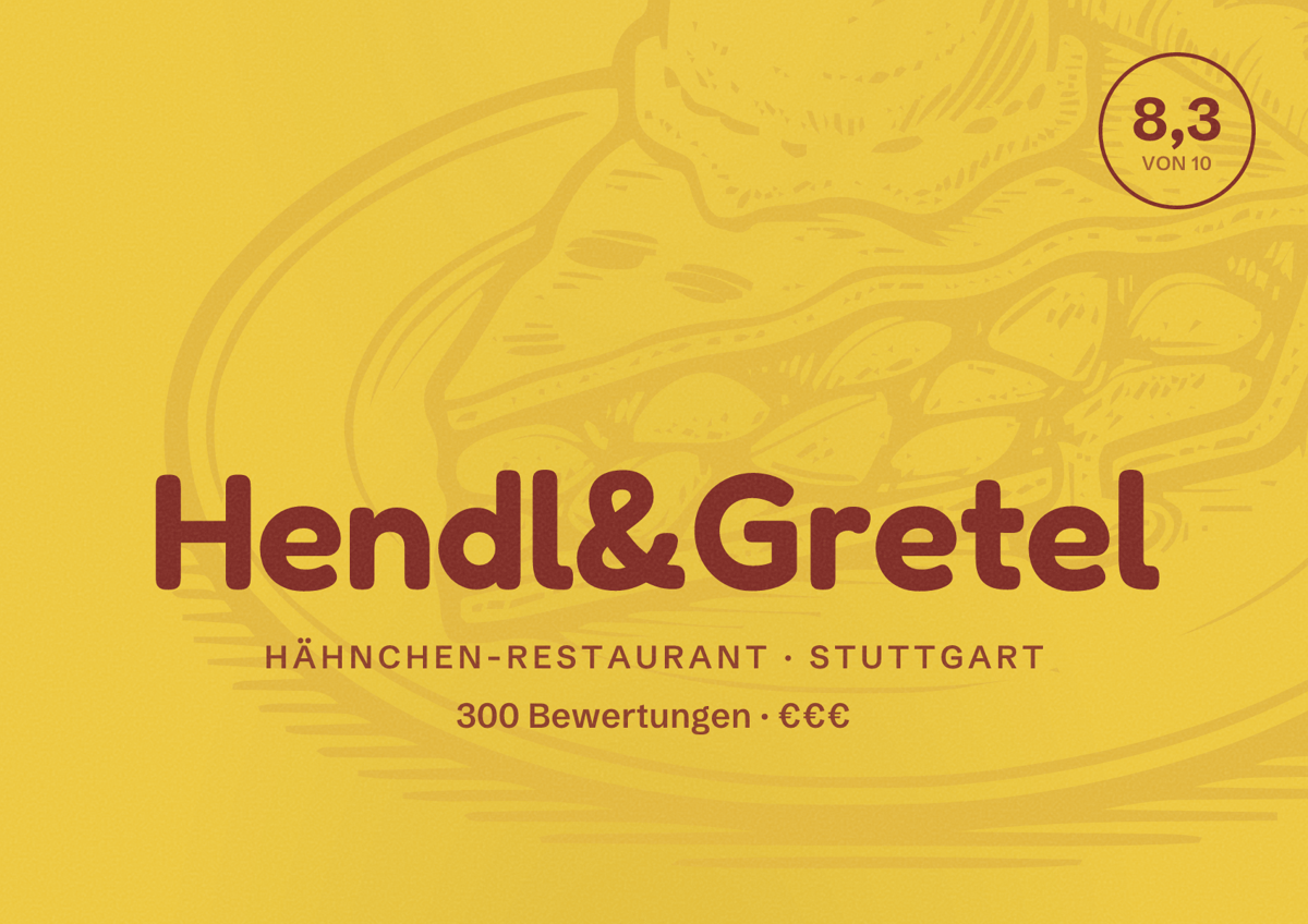 Illustriertes Poster von Hendl&Gretel, Hähnchen-Restaurant in Stuttgart: Bewertung 8,3 von 10 aus 300 Bewertungen, Preisniveau €€€