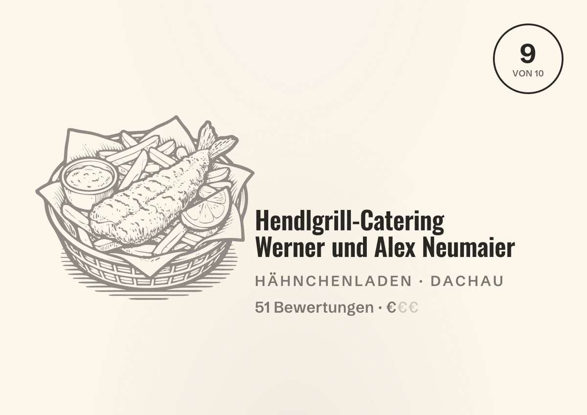 Illustriertes Poster von Hendlgrill-Catering Werner und Alex Neumaier, Hähnchenladen in Dachau: Bewertung 9 von 10 aus 51 Bewertungen, Preisniveau €