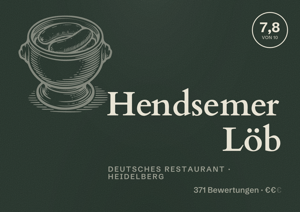 Illustriertes Poster von Hendsemer Löb, Deutsches Restaurant in Heidelberg: Bewertung 7,8 von 10 aus 371 Bewertungen, Preisniveau €€
