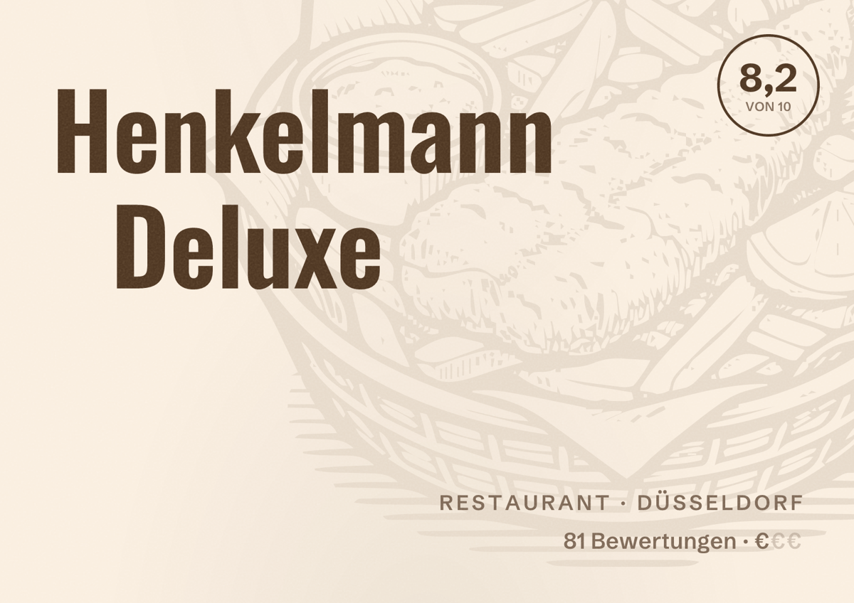 Illustriertes Poster von Henkelmann Deluxe, Restaurant in Düsseldorf: Bewertung 8,2 von 10 aus 81 Bewertungen, Preisniveau €