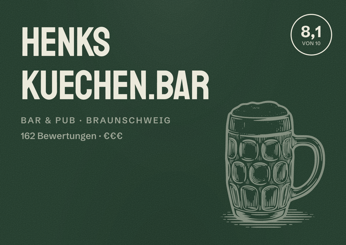 Illustriertes Poster von HENKs Kuechen.bar, Bar & Pub in Braunschweig: Bewertung 8,1 von 10 aus 162 Bewertungen, Preisniveau €€€