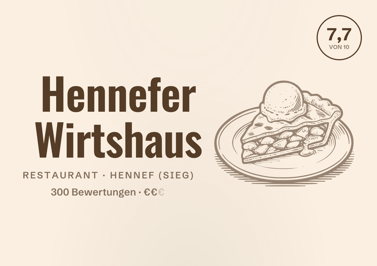Illustriertes Poster von Hennefer Wirtshaus, Restaurant in Hennef (Sieg): Bewertung 7,7 von 10 aus 300 Bewertungen, Preisniveau €€