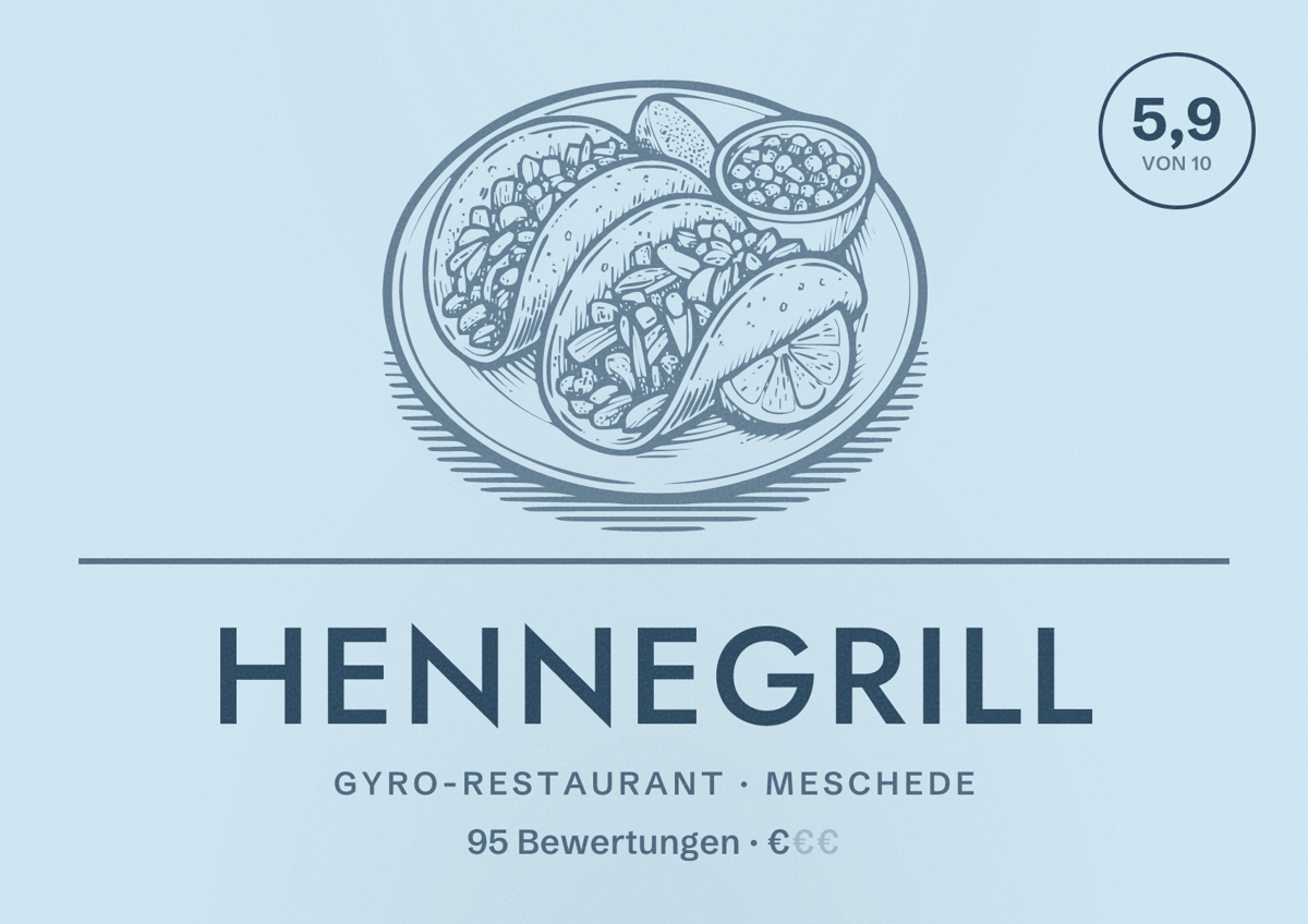 Illustriertes Poster von Hennegrill, Gyro-Restaurant in Meschede: Bewertung 5,9 von 10 aus 95 Bewertungen, Preisniveau €