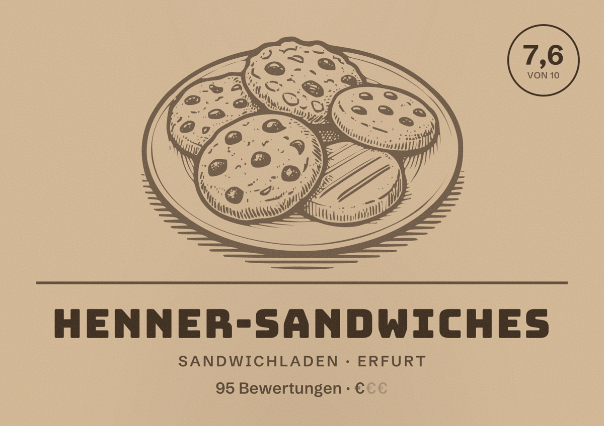 Illustriertes Poster von Henner-Sandwiches, Sandwichladen in Erfurt: Bewertung 7,6 von 10 aus 95 Bewertungen, Preisniveau €