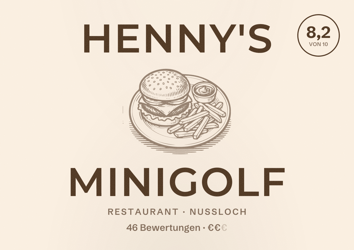 Illustriertes Poster von Henny's Minigolf, Restaurant in Nußloch: Bewertung 8,2 von 10 aus 46 Bewertungen, Preisniveau €€