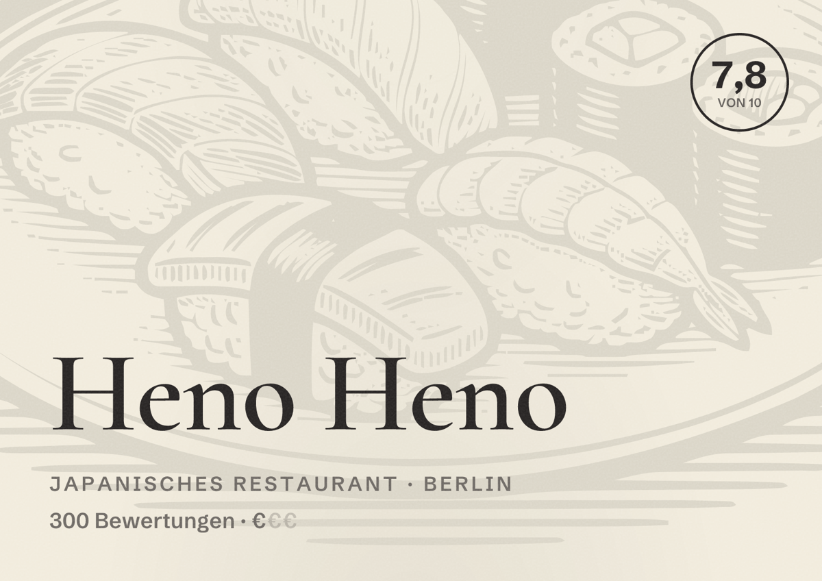 Illustriertes Poster von Heno Heno, Japanisches Restaurant in Berlin: Bewertung 7,8 von 10 aus 300 Bewertungen, Preisniveau €