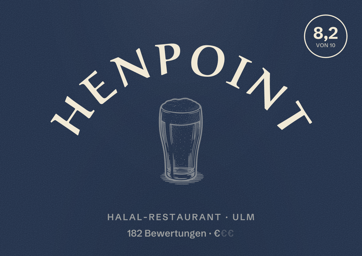 Illustriertes Poster von Henpoint, Halal-Restaurant in Ulm: Bewertung 8,2 von 10 aus 182 Bewertungen, Preisniveau €