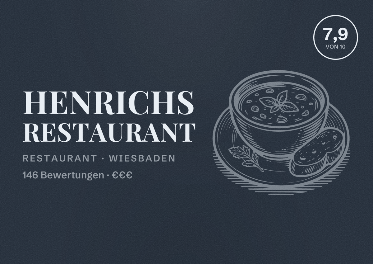 Illustriertes Poster von HENRICHS Restaurant, Restaurant in Wiesbaden: Bewertung 7,9 von 10 aus 146 Bewertungen, Preisniveau €€€
