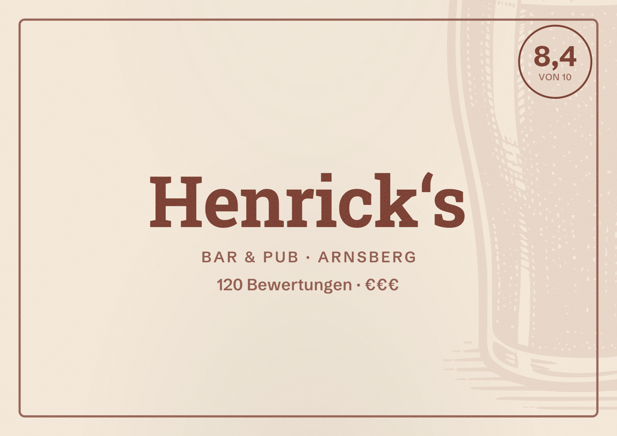 Illustriertes Poster von Henrick‘s, Bar & Pub in Arnsberg: Bewertung 8,4 von 10 aus 120 Bewertungen, Preisniveau €€€