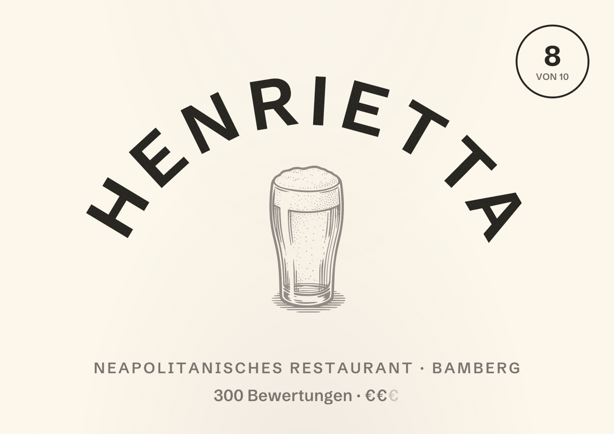 Illustriertes Poster von HENRIETTA, Neapolitanisches Restaurant in Bamberg: Bewertung 8 von 10 aus 300 Bewertungen, Preisniveau €€