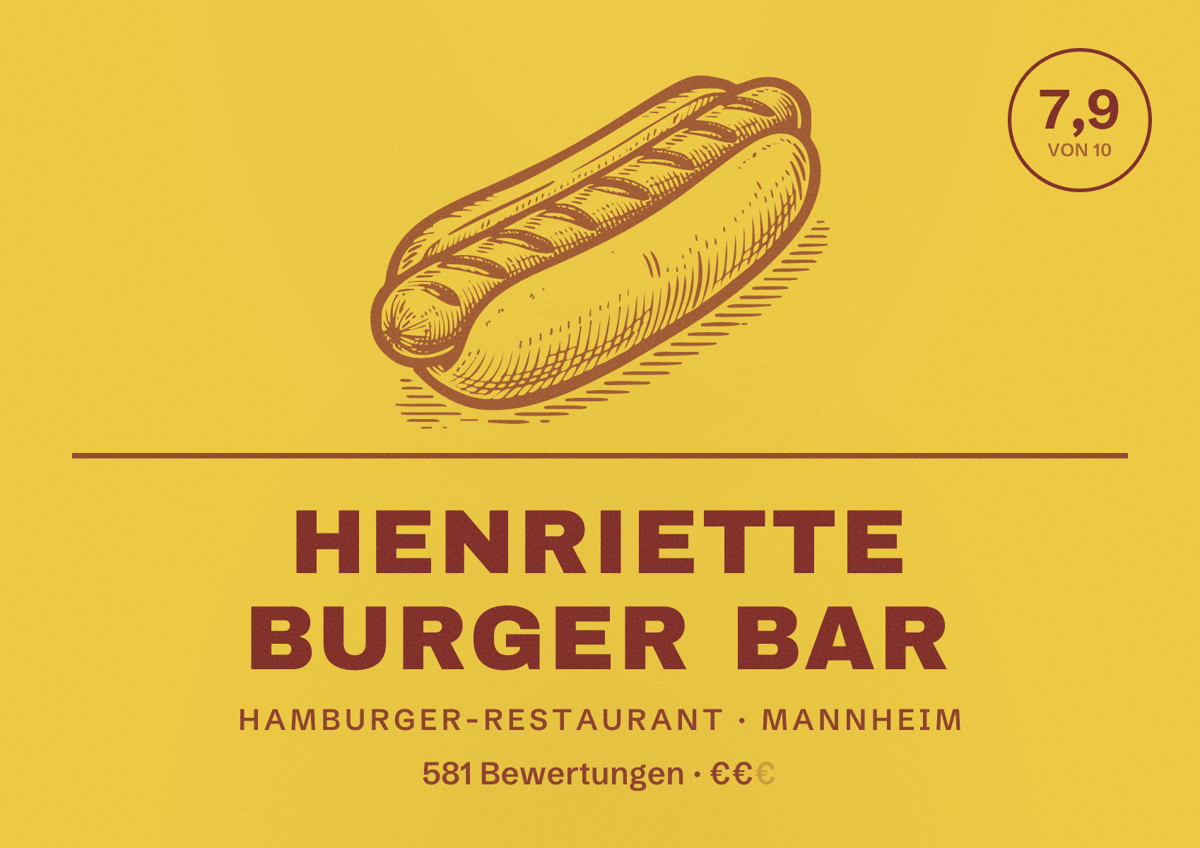 Illustriertes Poster von Henriette Burger Bar, Hamburger-Restaurant in Mannheim: Bewertung 7,9 von 10 aus 581 Bewertungen, Preisniveau €€