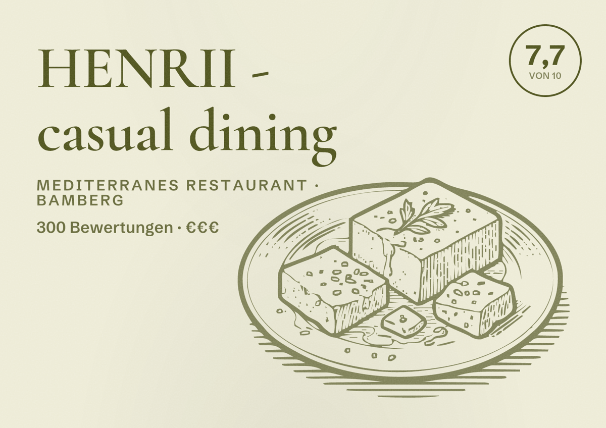 Illustriertes Poster von HENRII - casual dining, Mediterranes Restaurant in Bamberg: Bewertung 7,7 von 10 aus 300 Bewertungen, Preisniveau €€€