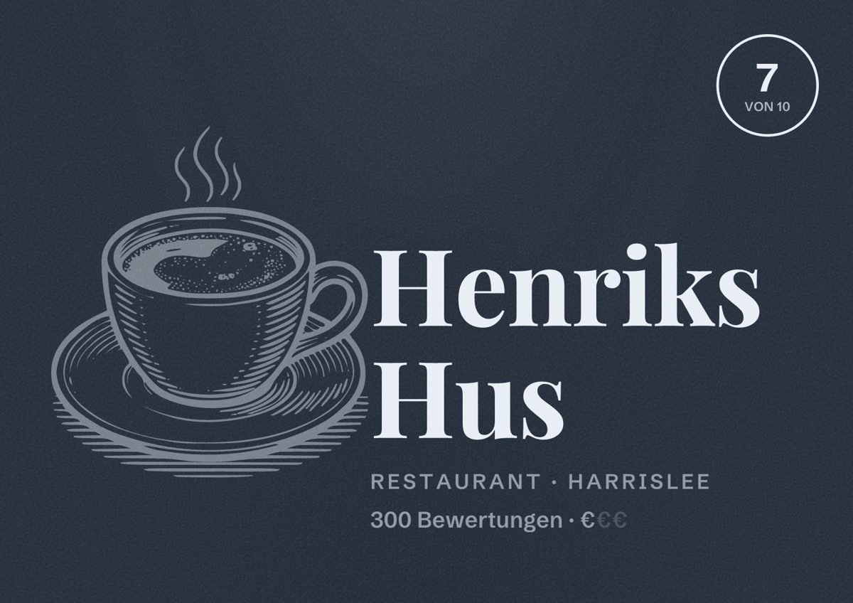 Illustriertes Poster von Henriks Hus, Restaurant in Harrislee: Bewertung 7 von 10 aus 300 Bewertungen, Preisniveau €