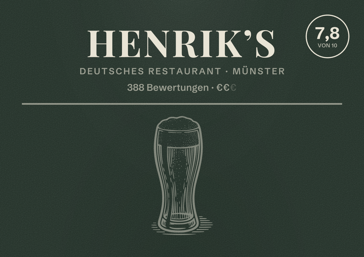 Illustriertes Poster von Henrik’s, Deutsches Restaurant in Münster: Gästebewertung 7,8 von 10 aus 388 Bewertungen