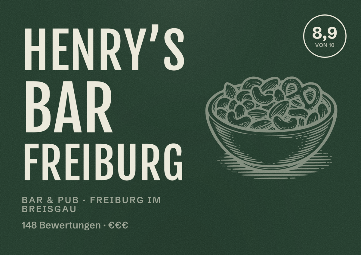 Illustriertes Poster von Henry’s Bar Freiburg, Bar & Pub in Freiburg im Breisgau: Bewertung 8,9 von 10 aus 148 Bewertungen, Preisniveau €€€