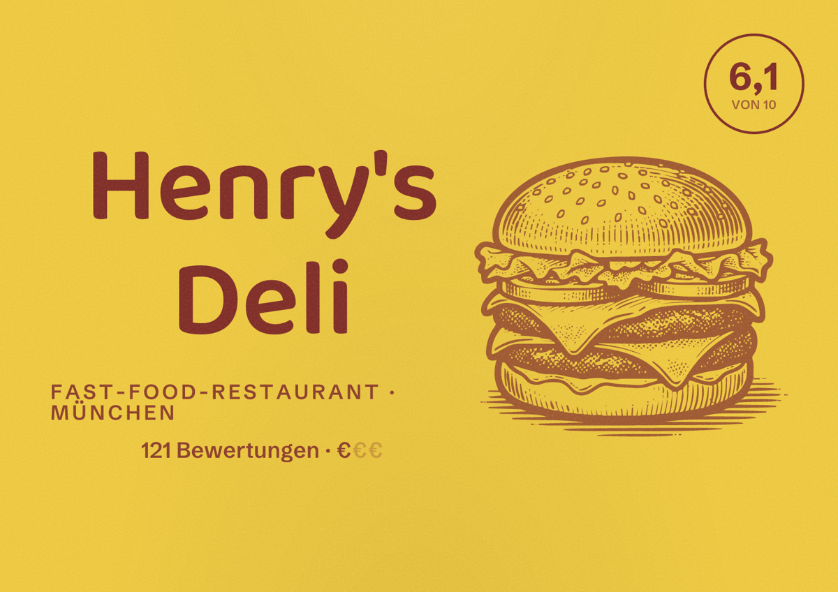 Illustriertes Poster von Henry's Deli, Fast-Food-Restaurant in München: Bewertung 6,1 von 10 aus 121 Bewertungen, Preisniveau €