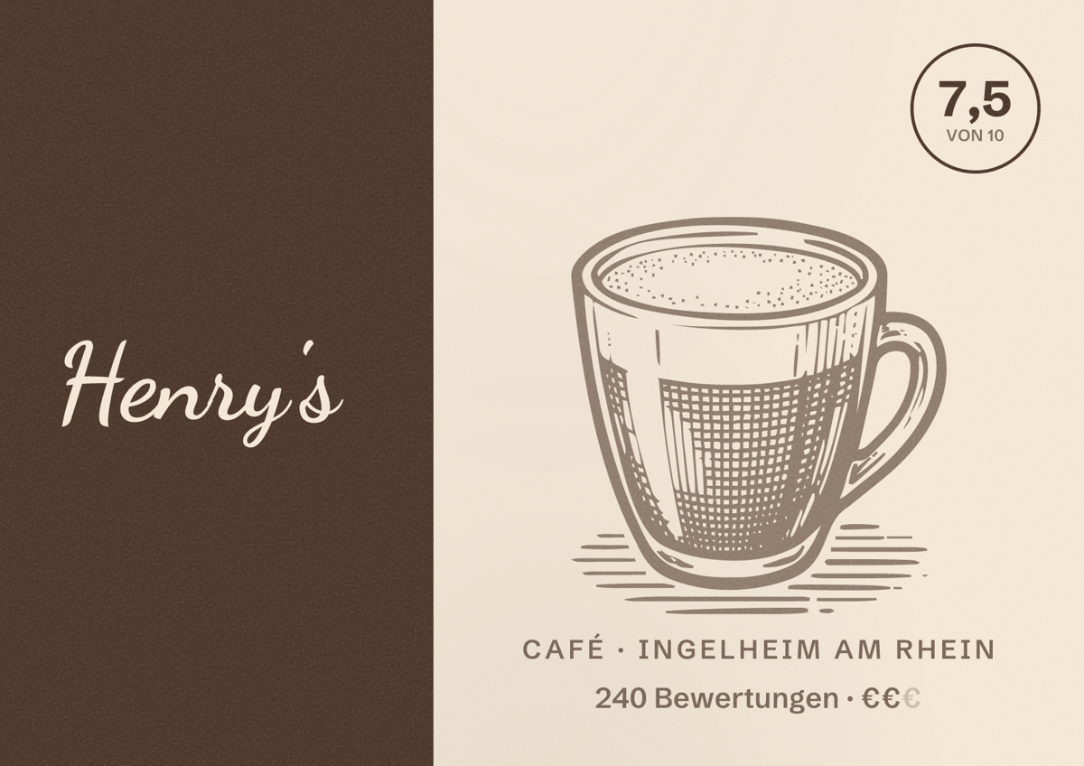 Illustriertes Poster von Henry's, Café in Ingelheim am Rhein: Bewertung 7,5 von 10 aus 240 Bewertungen, Preisniveau €€