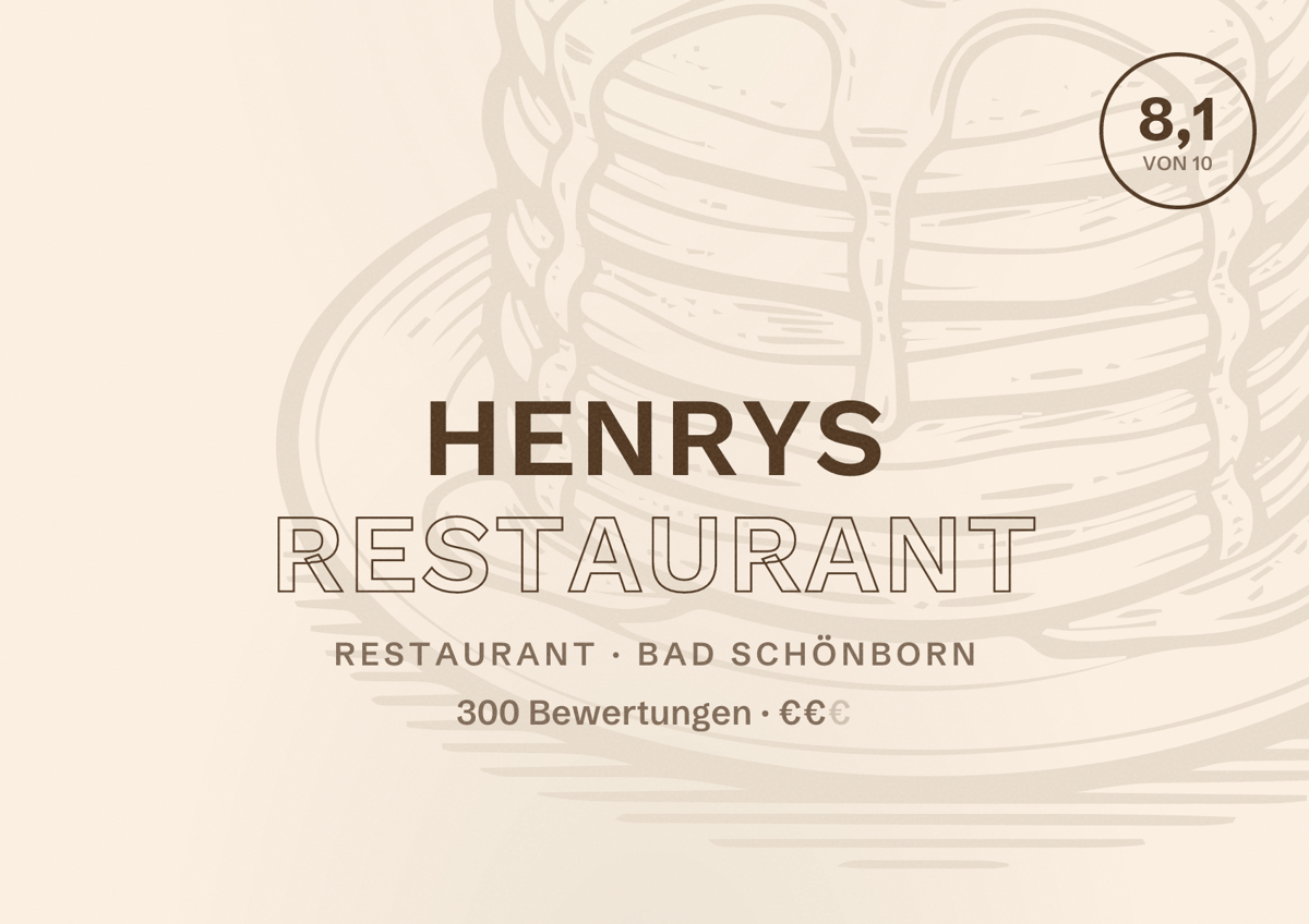 Illustriertes Poster von Henrys Restaurant, Restaurant in Bad Schönborn: Bewertung 8,1 von 10 aus 300 Bewertungen, Preisniveau €€