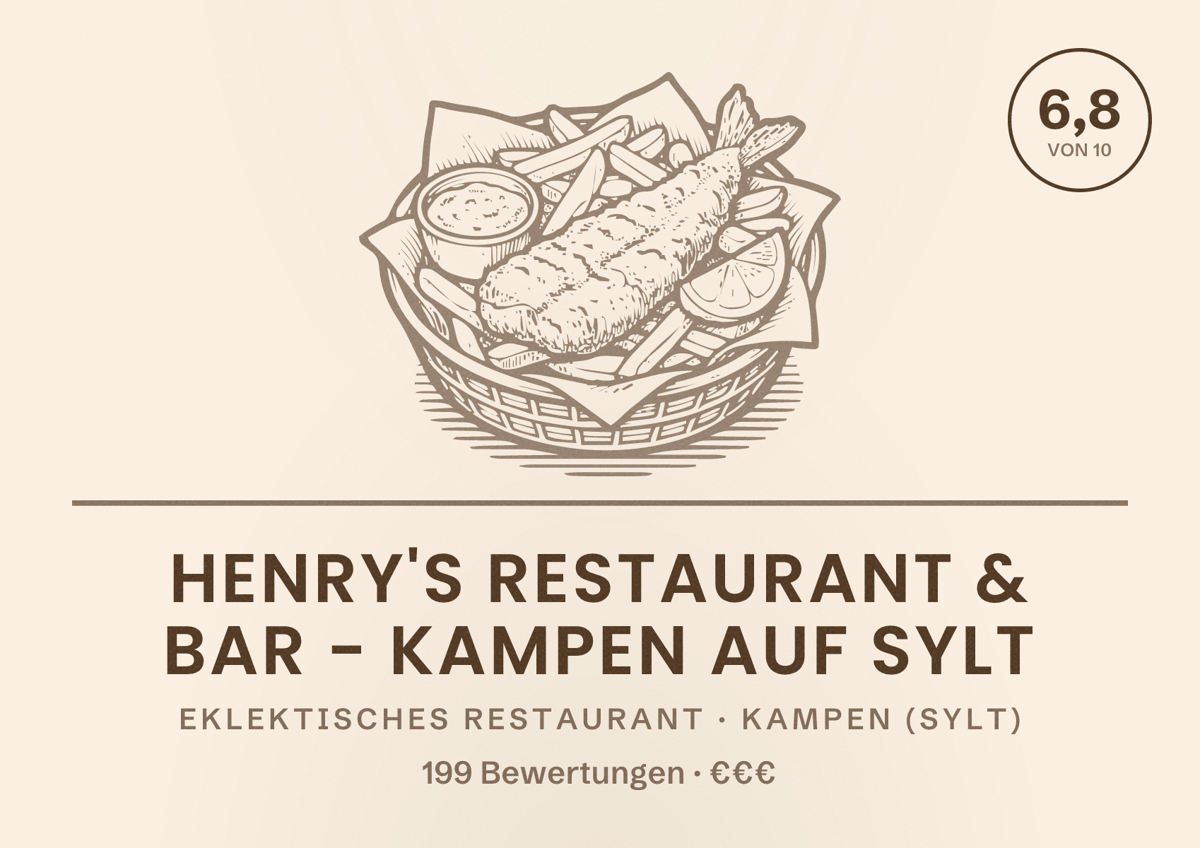 Illustriertes Poster von Henry's Restaurant & Bar - Kampen auf Sylt, Eklektisches Restaurant in Kampen (Sylt): Bewertung 6,8 von 10 aus 199 Bewertungen, Preisniveau €€€