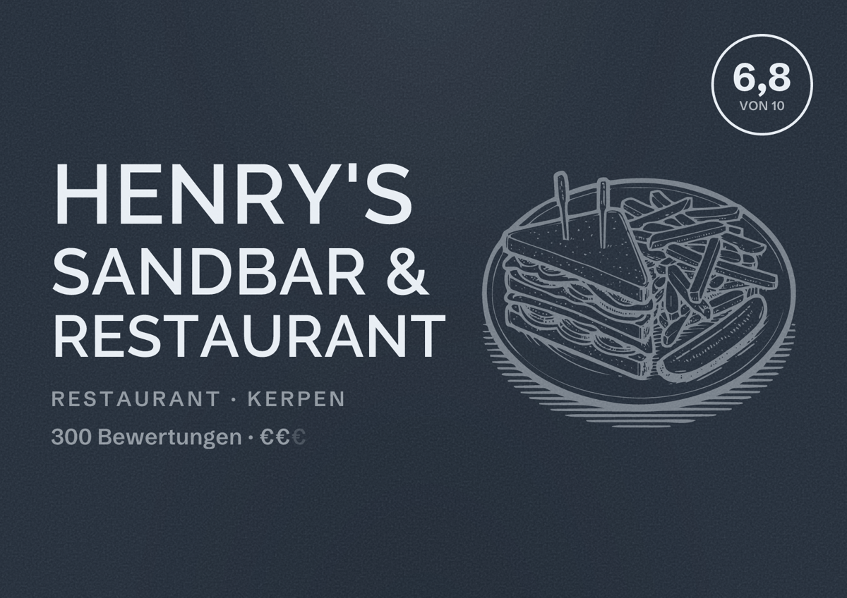 Illustriertes Poster von Henry's Sandbar & Restaurant, Restaurant in Kerpen: Bewertung 6,8 von 10 aus 300 Bewertungen, Preisniveau €€