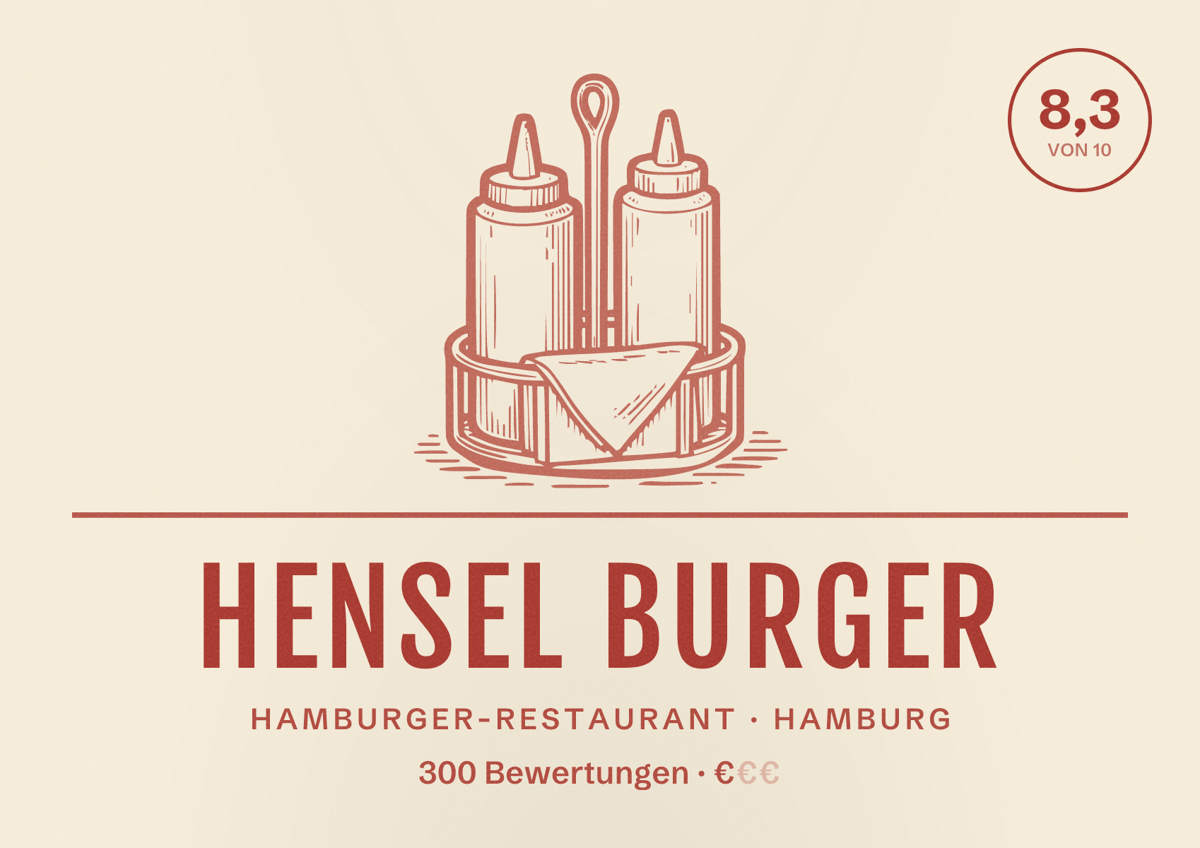 Illustriertes Poster von Hensel Burger, Hamburger-Restaurant in Hamburg: Bewertung 8,3 von 10 aus 300 Bewertungen, Preisniveau €