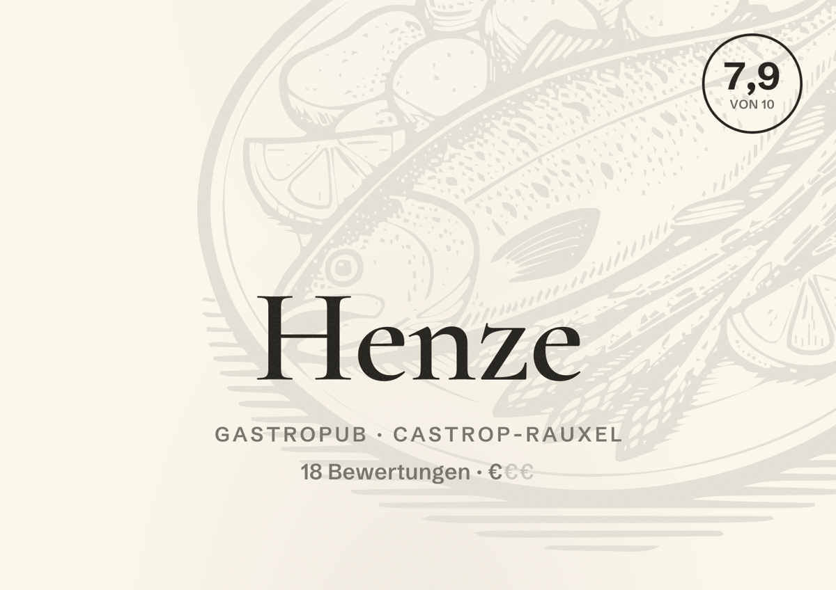 Illustriertes Poster von Henze, Gastropub in Castrop-Rauxel: Bewertung 7,9 von 10 aus 18 Bewertungen, Preisniveau €