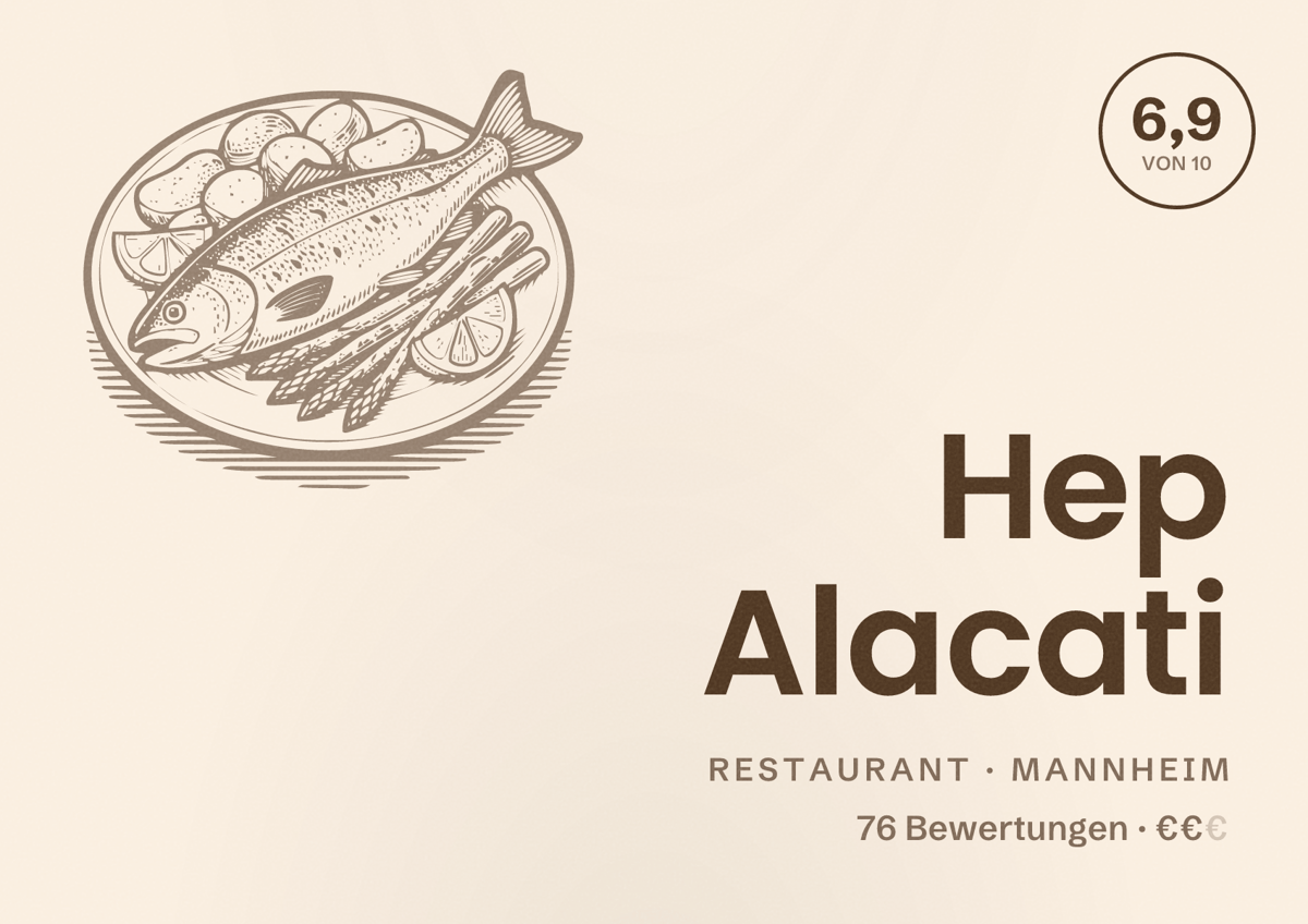 Illustriertes Poster von Hep Alacati, Restaurant in Mannheim: Bewertung 6,9 von 10 aus 76 Bewertungen, Preisniveau €€